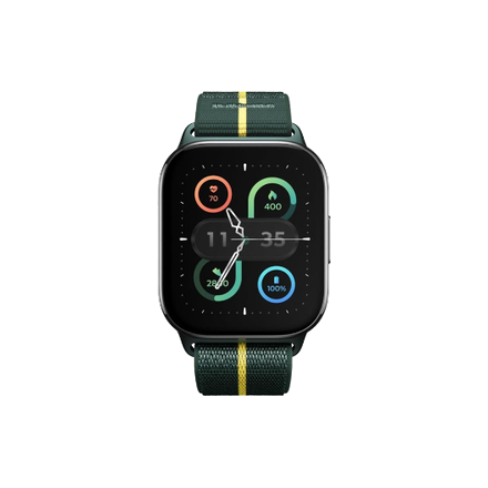 نمای روبه‌روی ساعت هوشمند موتورولا Moto Watch Fit با نمایشگر روشن و بند سبز و زرد