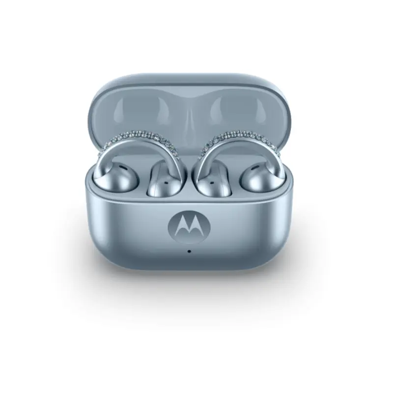 هدفون موتورولا Moto Buds Loop سواروسکی داخل داک شارژ رنگ نقره‌ای یخی Ice Melt