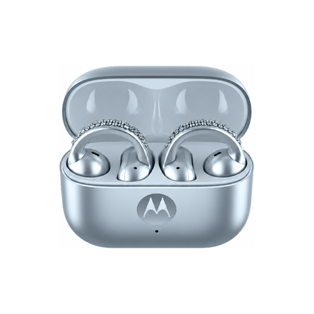هدفون موتورولا Moto Buds Loop سواروسکی داخل داک شارژ رنگ نقره‌ای یخی Ice Melt